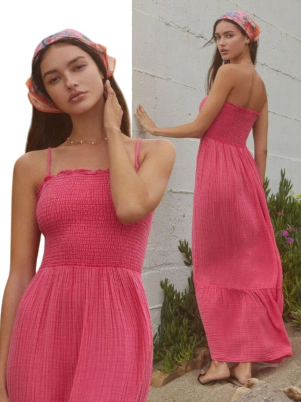 Anthropologie Marisol Smocked Gauze Pink Maxi Dress Size XS 8032